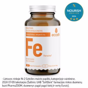 ECOSH bioaktyvi Geležis Ferrochel®, bisglicinatas 27 mg, su vitaminu C, 90 kapsulių