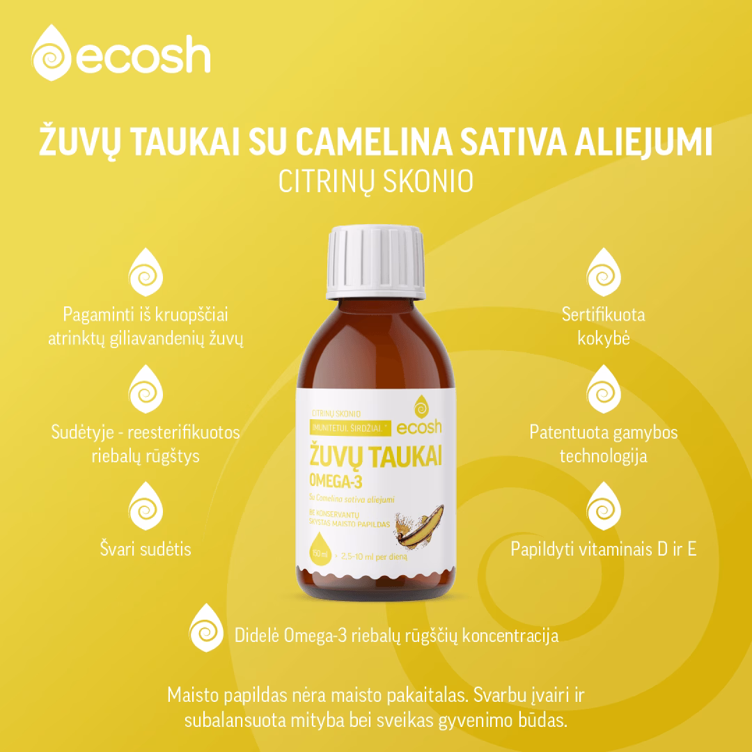 ECOSH Žuvų taukai su Camelina sativa aliejumi, citrinų skonio