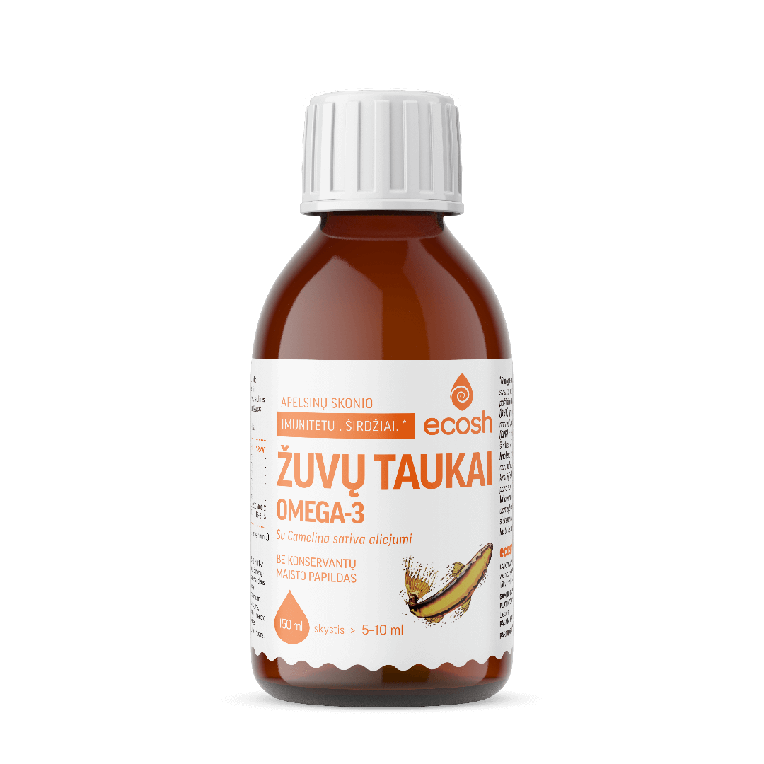 Žuvų taukai su Camelina sativa aliejumi, apelsinų skonio, 150 ml