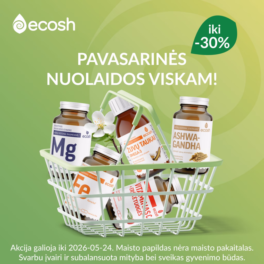 Parduotuės krepšelis pilnas Ecosh papildų žaliame fone - Ecosh pavasario nuolaidų vizualas.