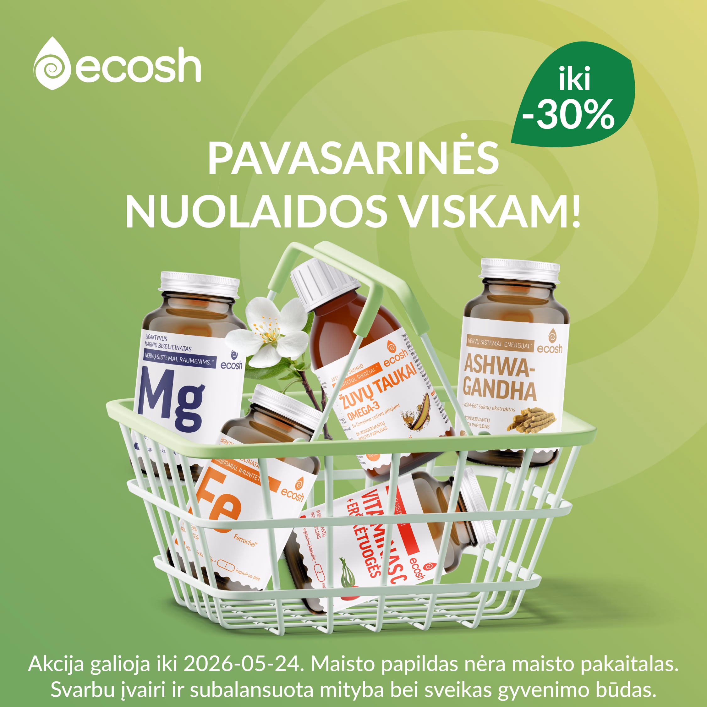 Parduotuės krepšelis pilnas Ecosh papildų žaliame fone - Ecosh pavasario nuolaidų vizualas.