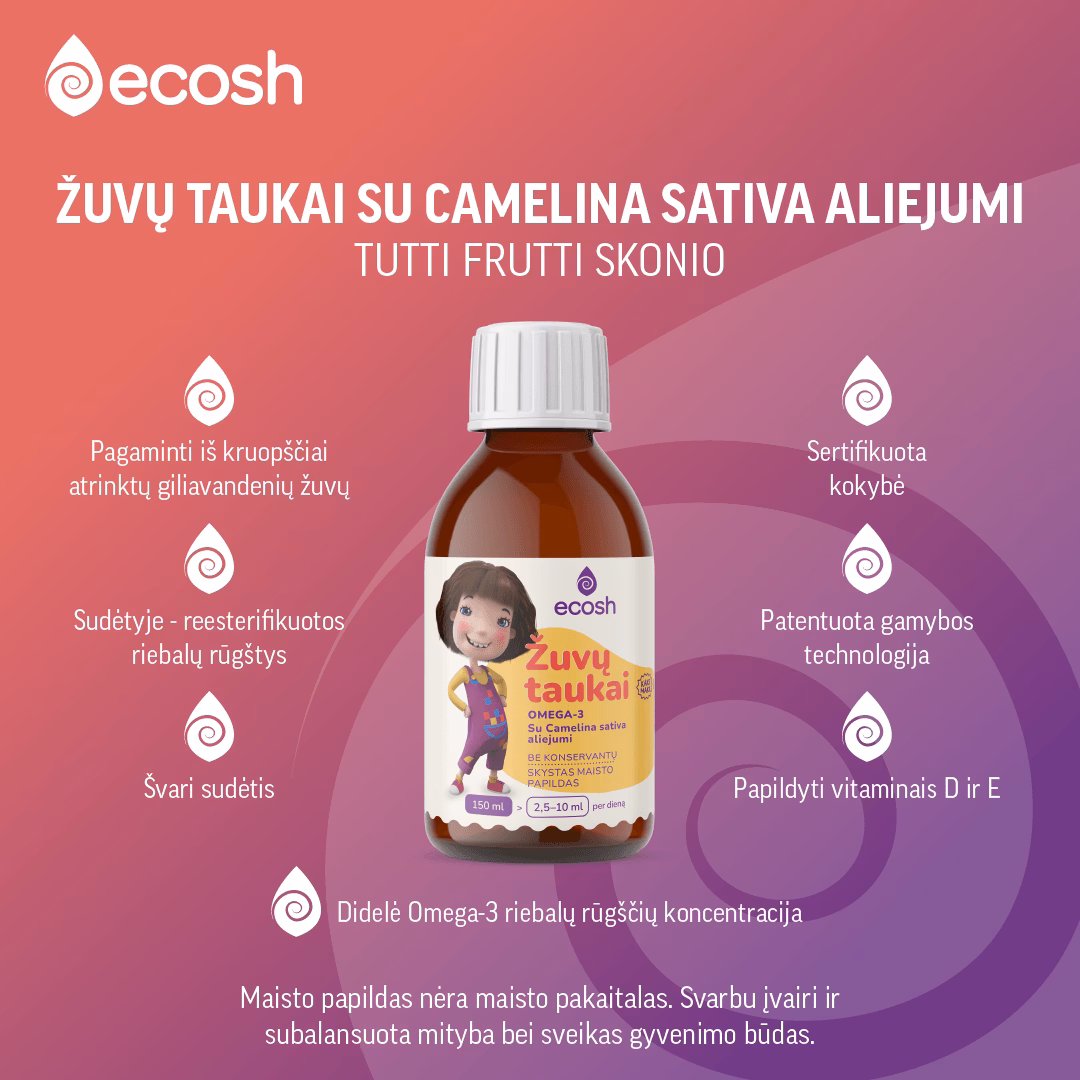 ECOSH KAKĖ MAKĖ Žuvų taukai su Camelina sativa aliejumi, Tutti Frutti skonio
