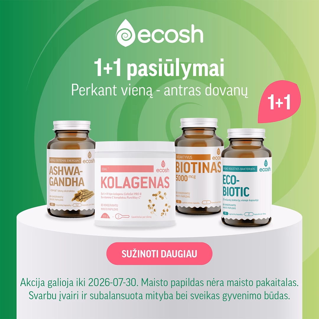 ECOSH 1+1 maisto papildų pasiūlymai žaliame fone