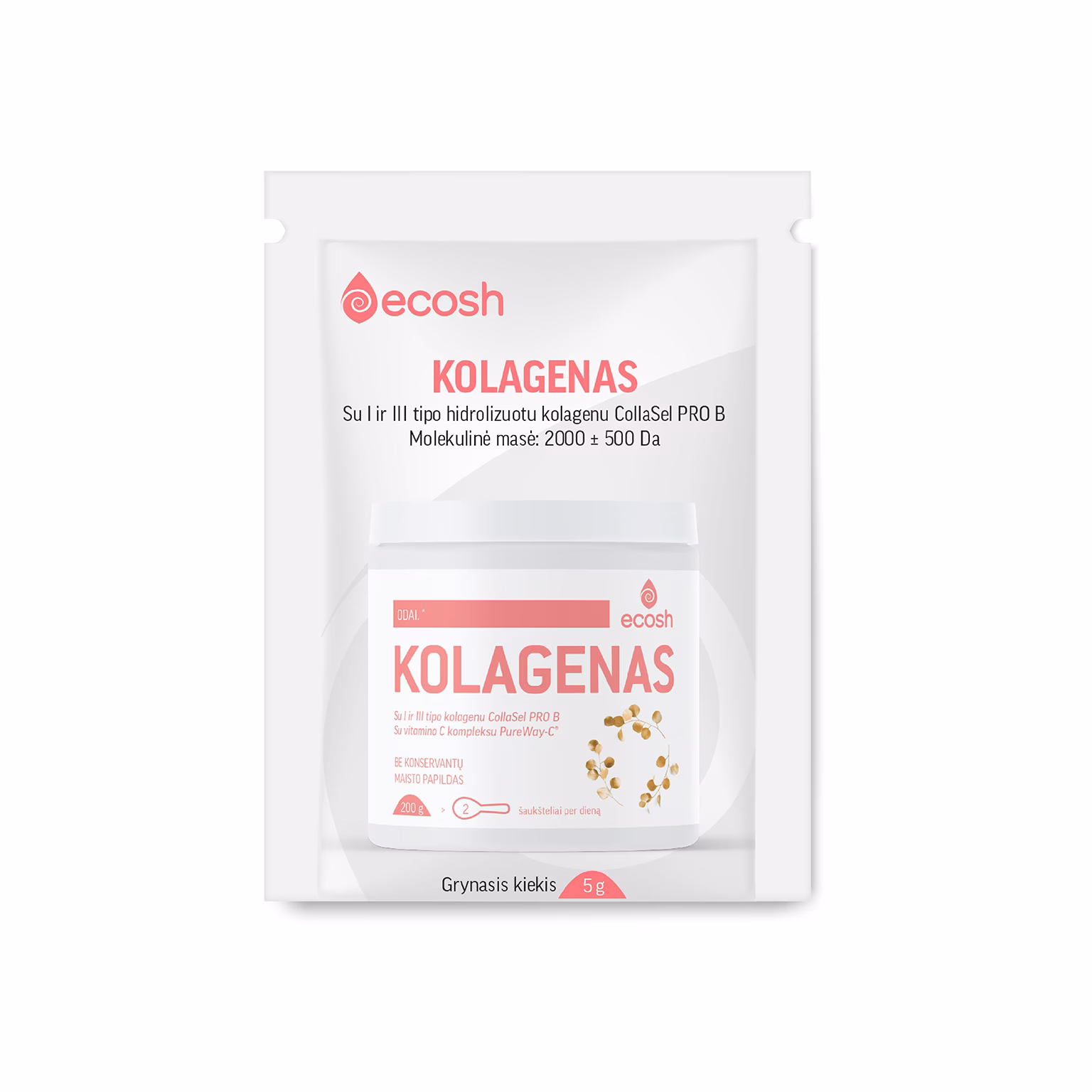 ECOSH Kolageno sašetė baltame fone