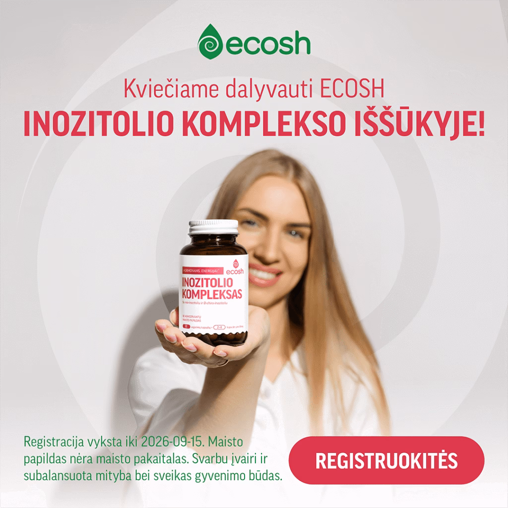 ECOSH Inozitolio komplekso iššūkis – kvietimas registruotis iki 2026 m. rugsėjo 15 d. Moteris rankoje laiko ECOSH Inozitolio komplekso pakuotę.