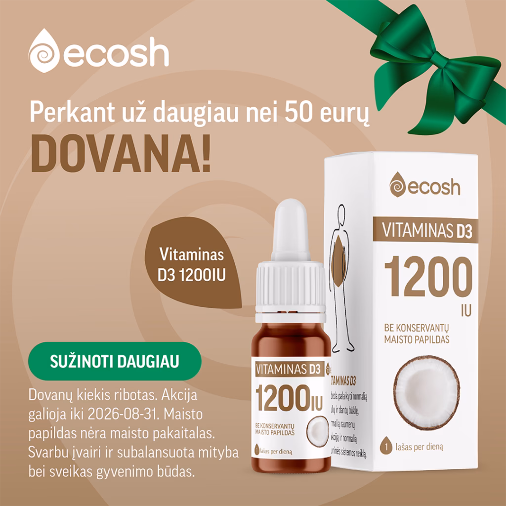 ECOSH vitaminas D3 1200 IU su kokosų aliejumi dovanų perkant už daugiau nei 50 €.